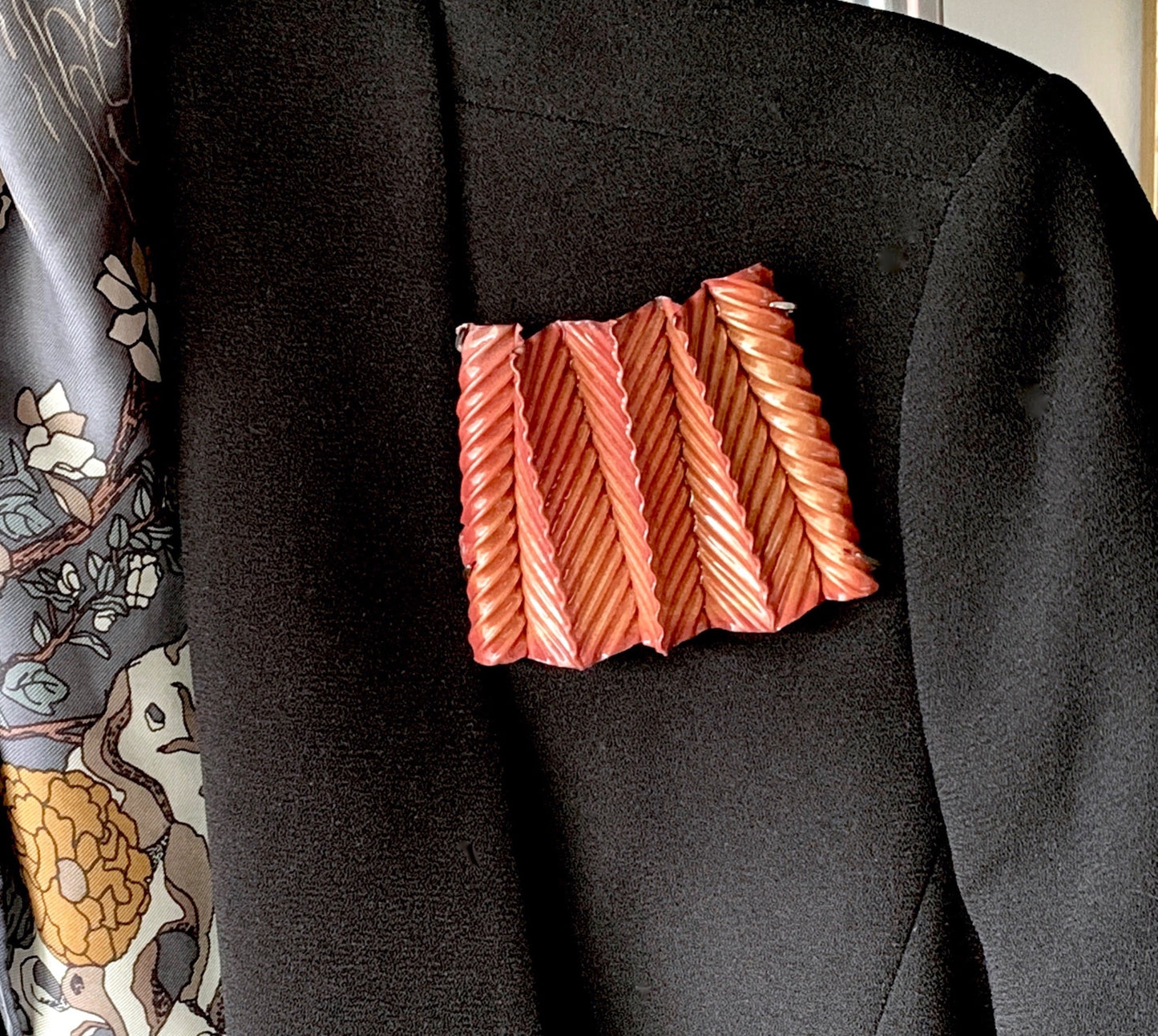 large corrugated and folded enameled copper and silver brooch