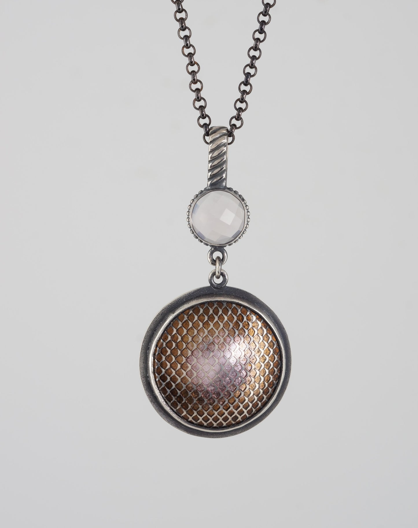 ENAMEL & GEMSTONE PENDANT w EMBEDDED SILVER PATTERN