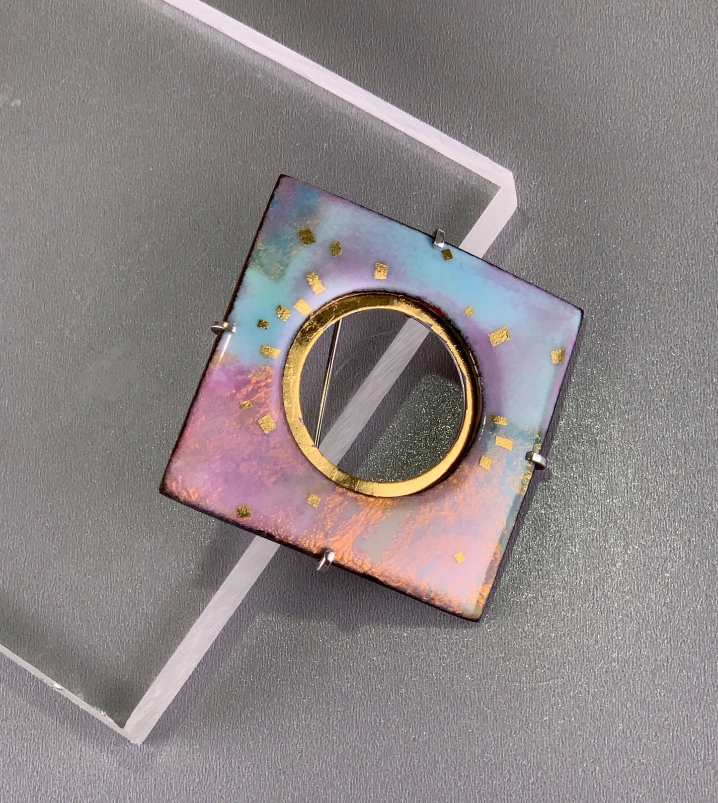 opalescent kiln fired enamel contemporary geometric brooch with 24k gold and sterling silver