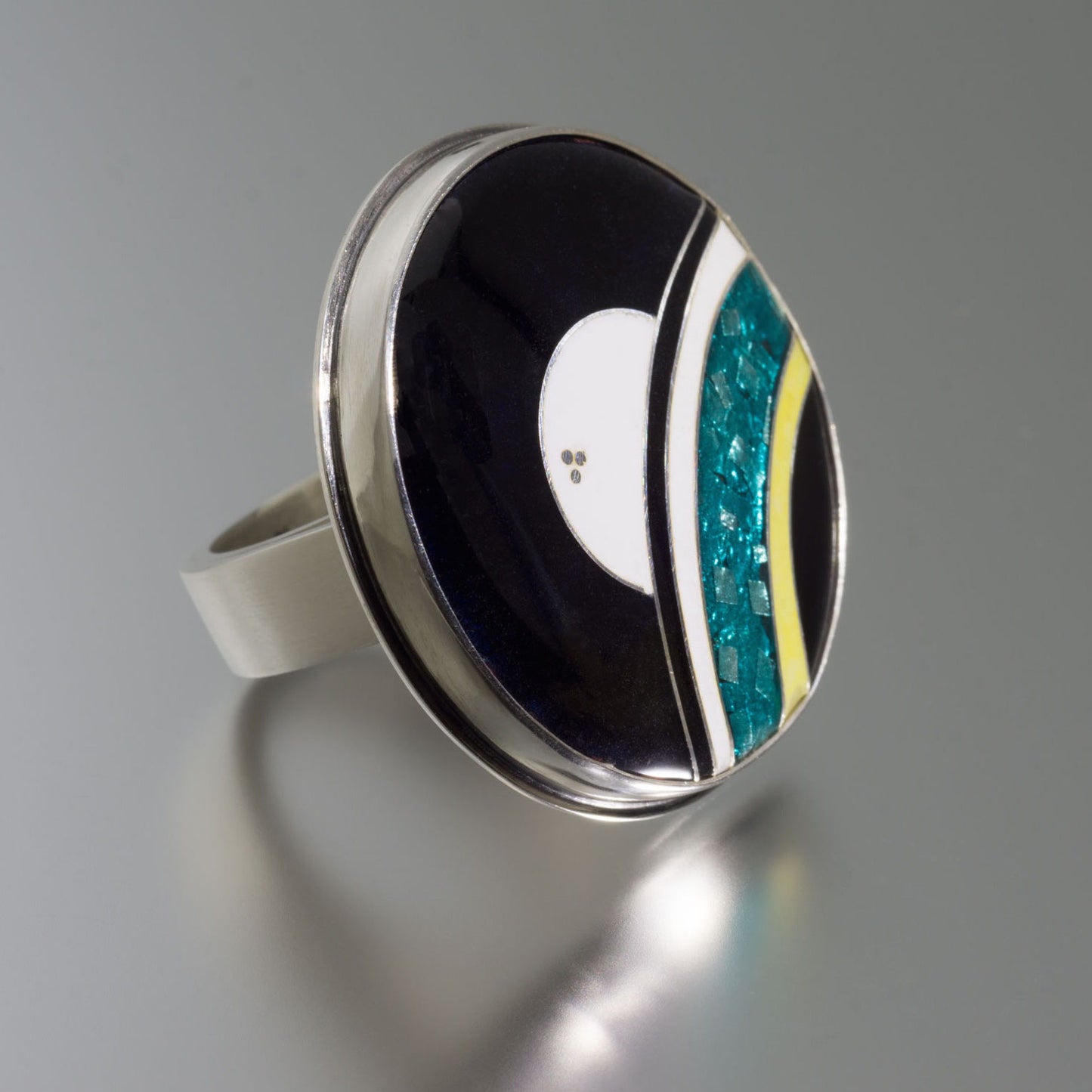 big statement silver cloisonné enamel ring