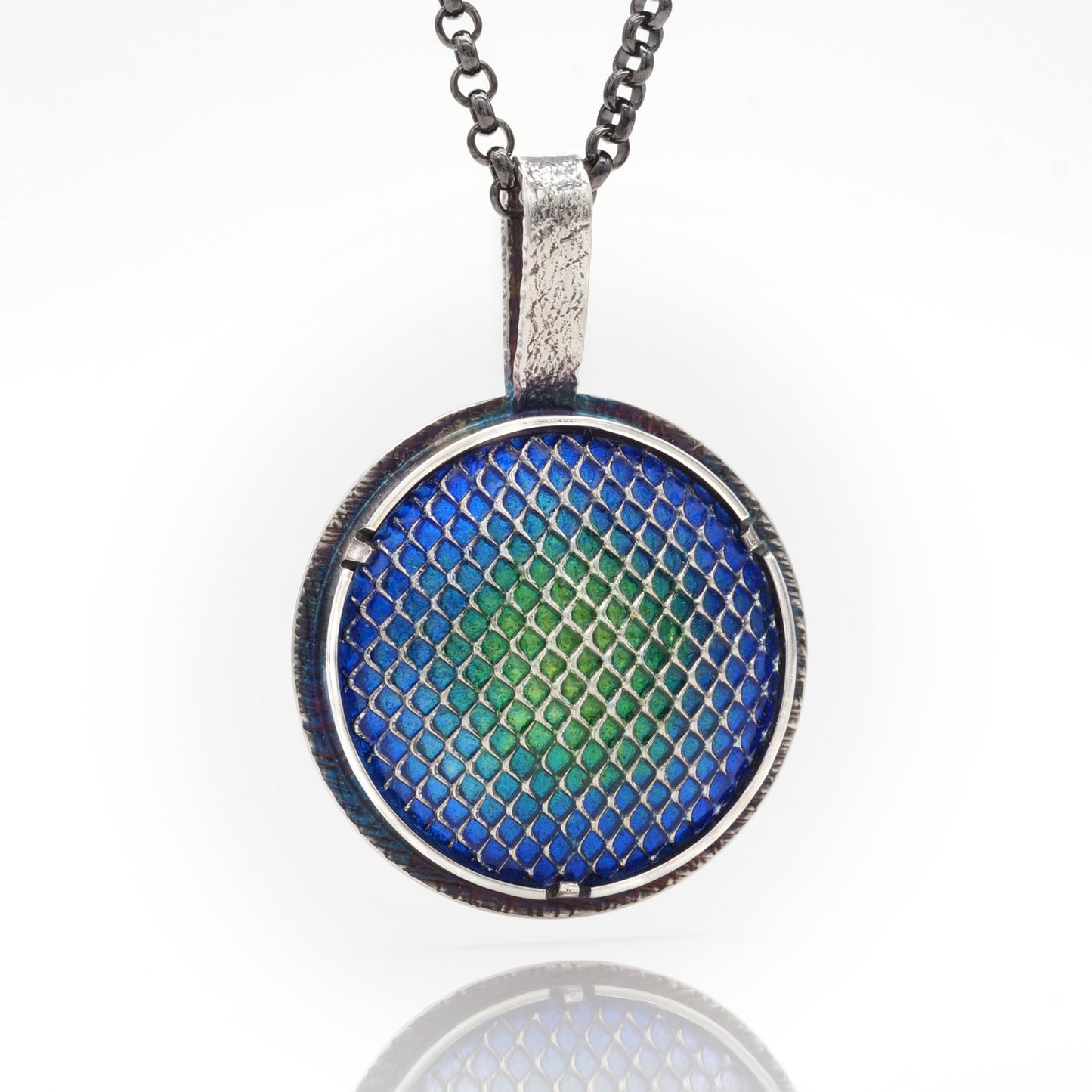 blue vitreous enamel pendant necklace with sterling silver grid pattern