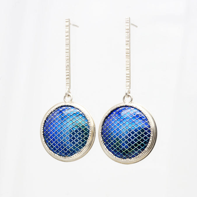 big drop earrings of fired enamel and sterling silver