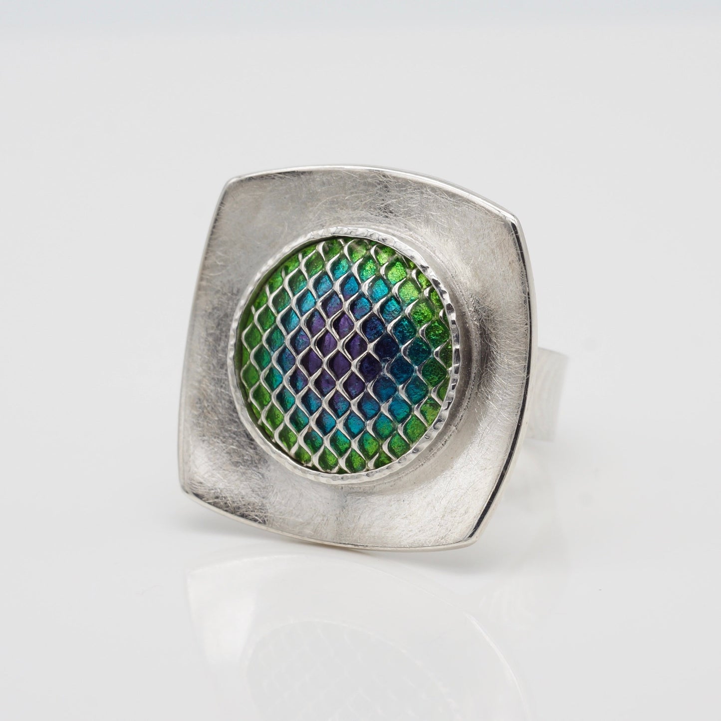 mid century style vitreous enamel sterling silver ring with ombre purple blue and green