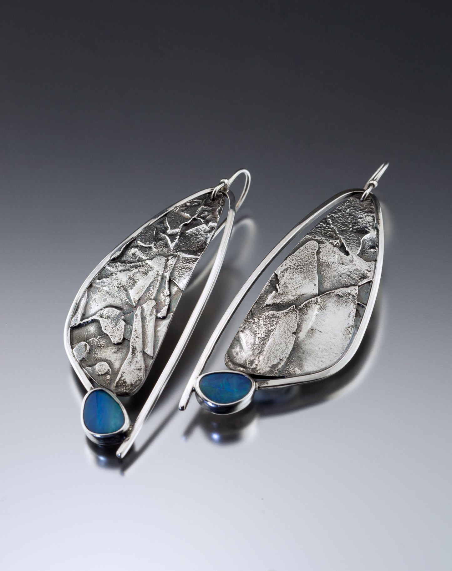 modernist textured sterling silver and opal drop earrings
