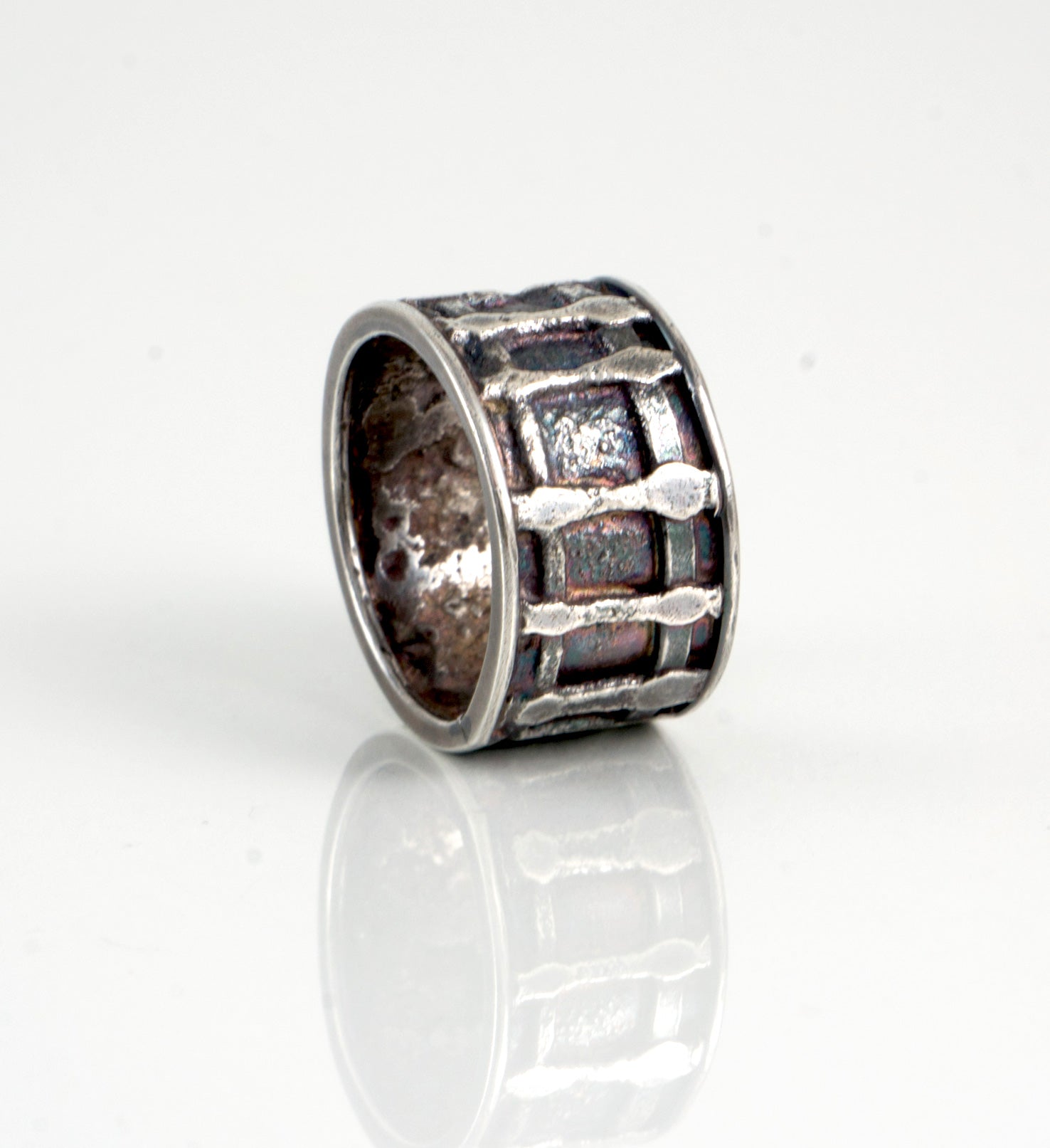 fused plaid pattern sterling silver band style ring