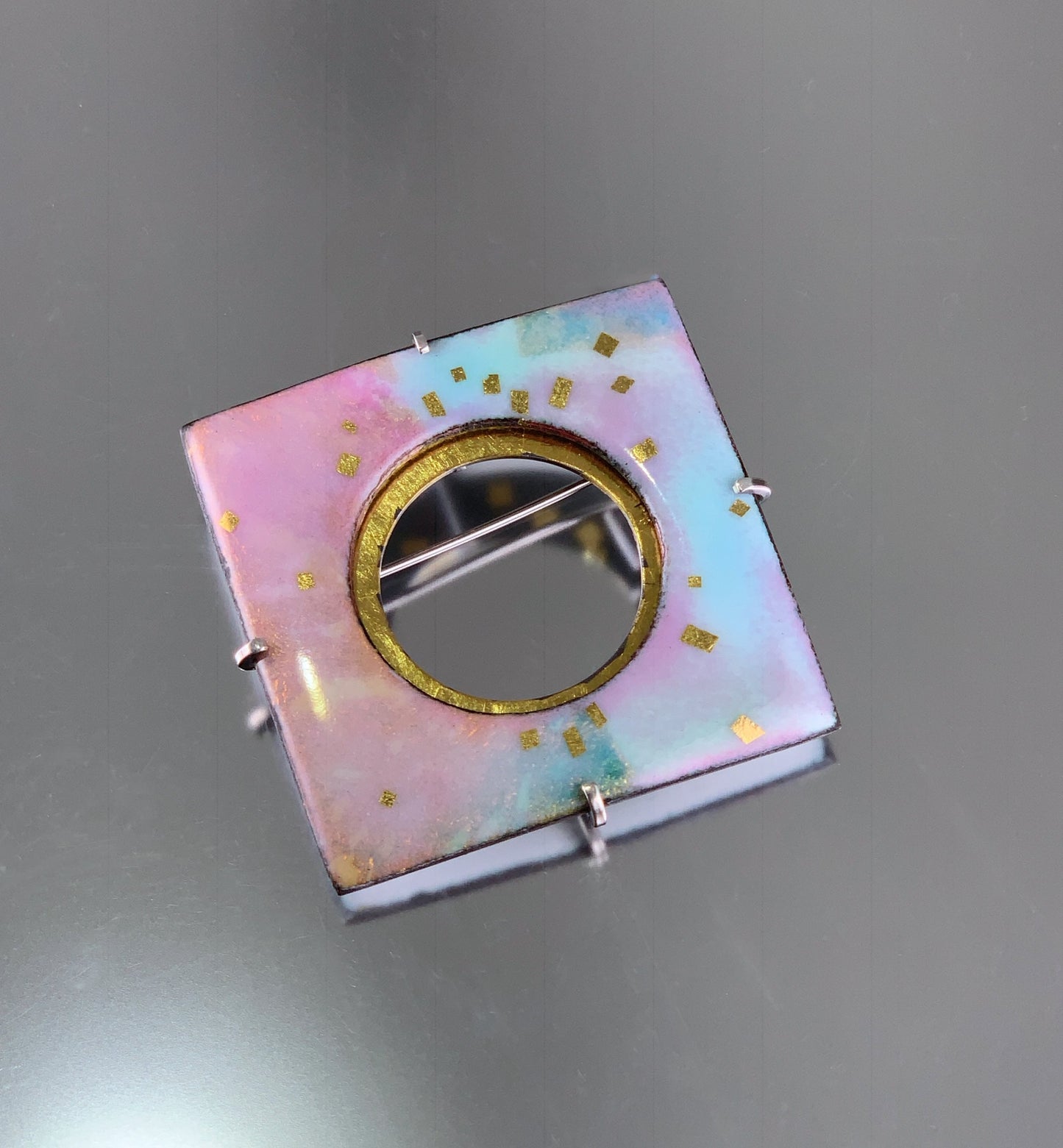 opalescent kiln fired enamel contemporary geometric brooch with 24k gold and sterling silver