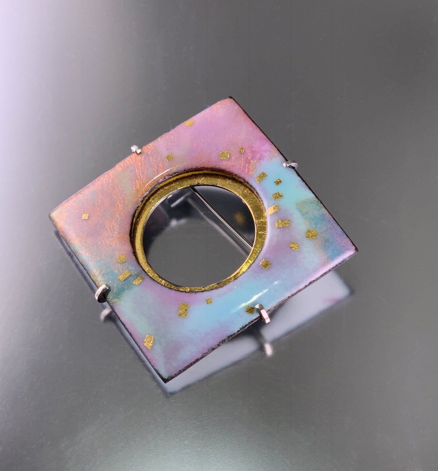 opalescent kiln fired enamel contemporary geometric brooch with 24k gold and sterling silver