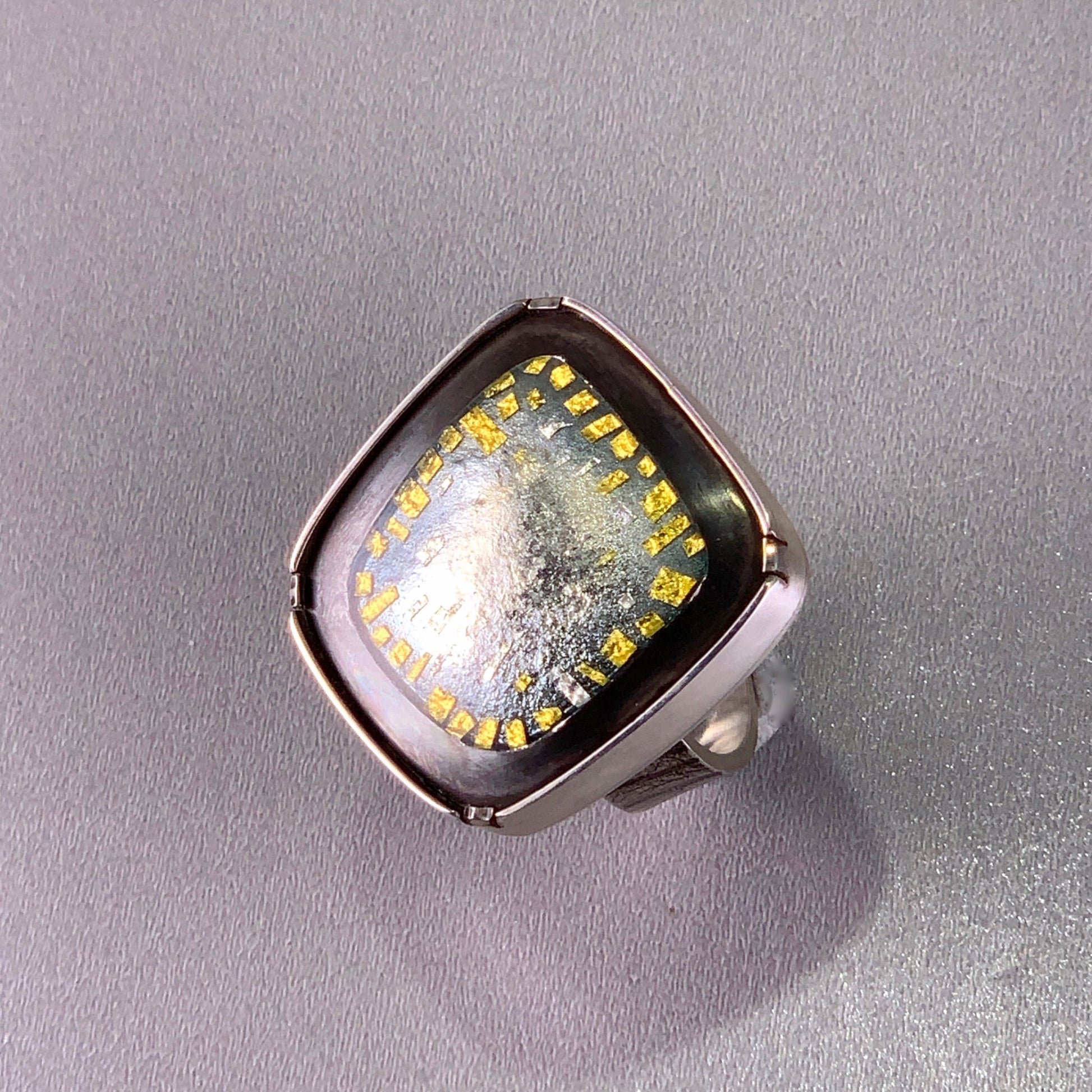 abstract champleve enamel ring with silver and gold