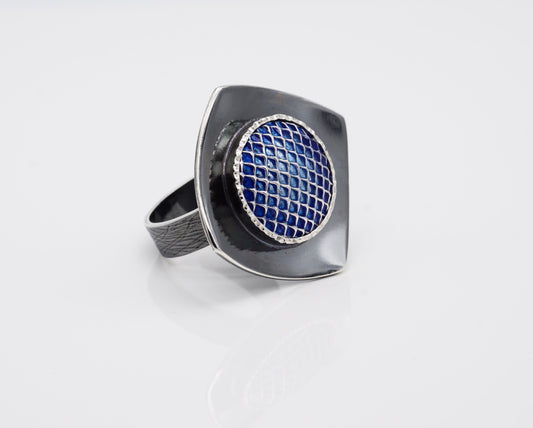 vitreous enamel "gem" ring set into modernist style sterling silver mount