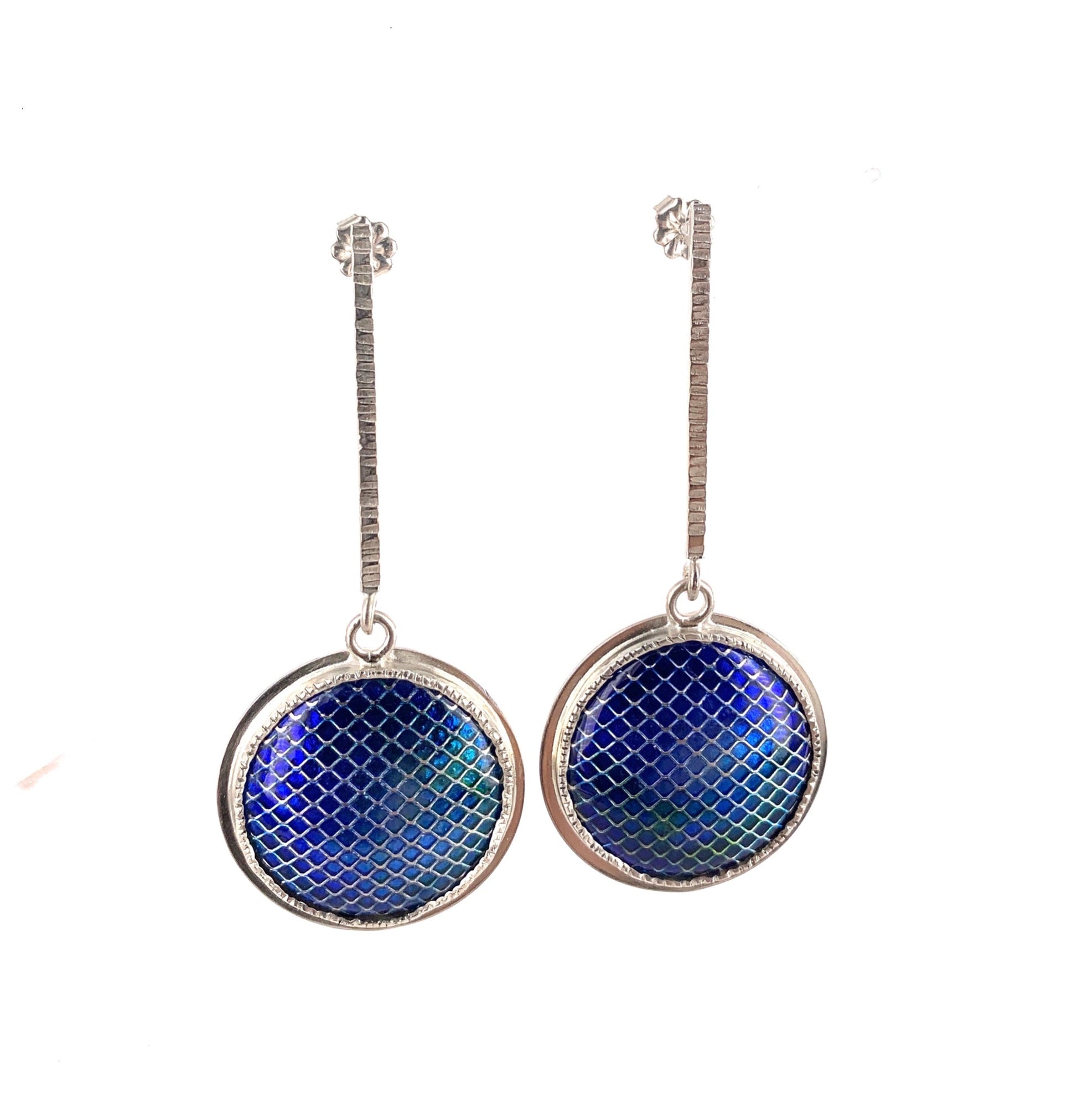 cobalt blue vitreous enamel earrings set in sterling silver