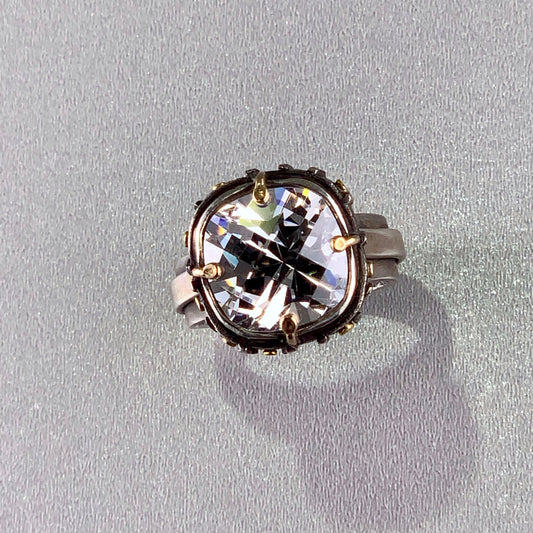 big flashy cushion cut cz with sterling silver and 14k and 24k gold