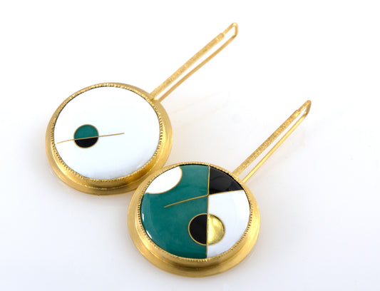 24k gold cloisonne enamel long earrings black and white and green