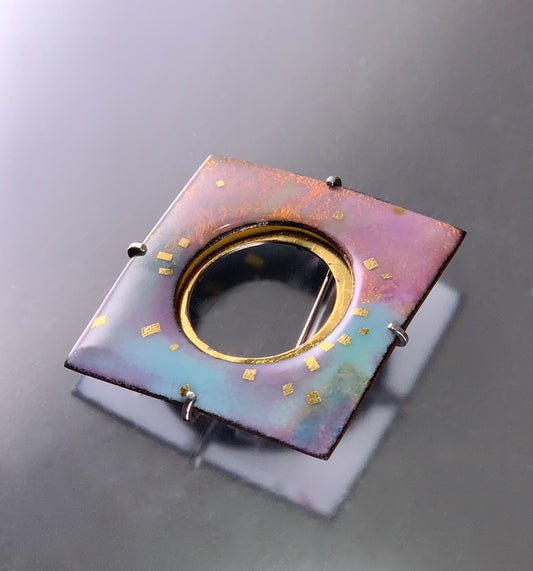 opalescent kiln fired enamel contemporary geometric brooch with 24k gold and sterling silver