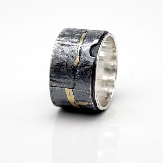 wide sterling silver with 24k gold ring with dark patina