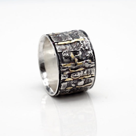 24k gold and sterling silver wide band style organic textured ring