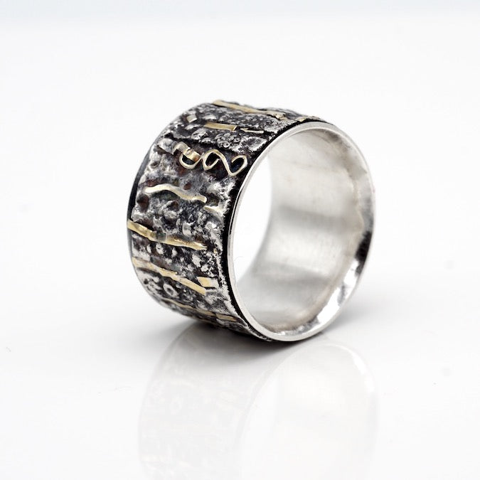 24k gold and sterling silver wide band organic textured ring