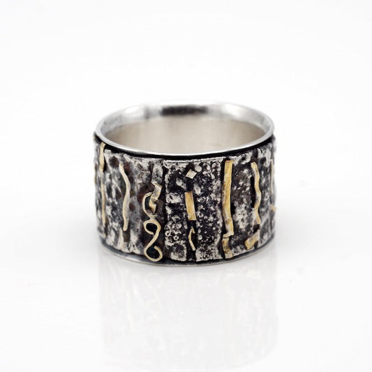 24k gold and sterling silver wide band organic textured ring