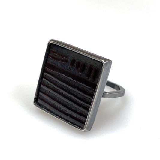 modernist black on black kiln fired enamel ring