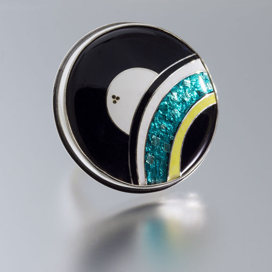 huge statement one of a kind ring of silver cloisonné enamel