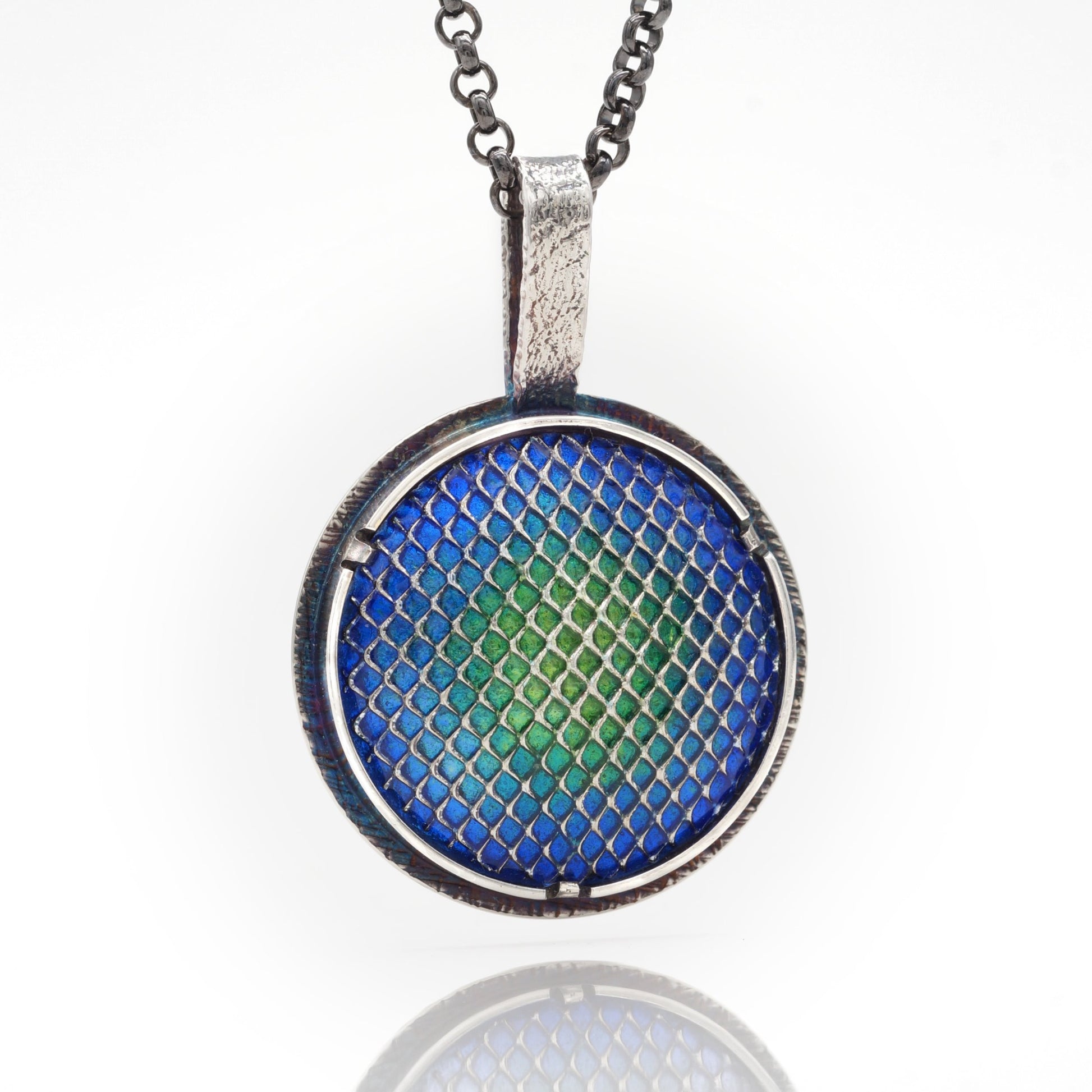 blue vitreous enamel pendant necklace with sterling silver grid pattern