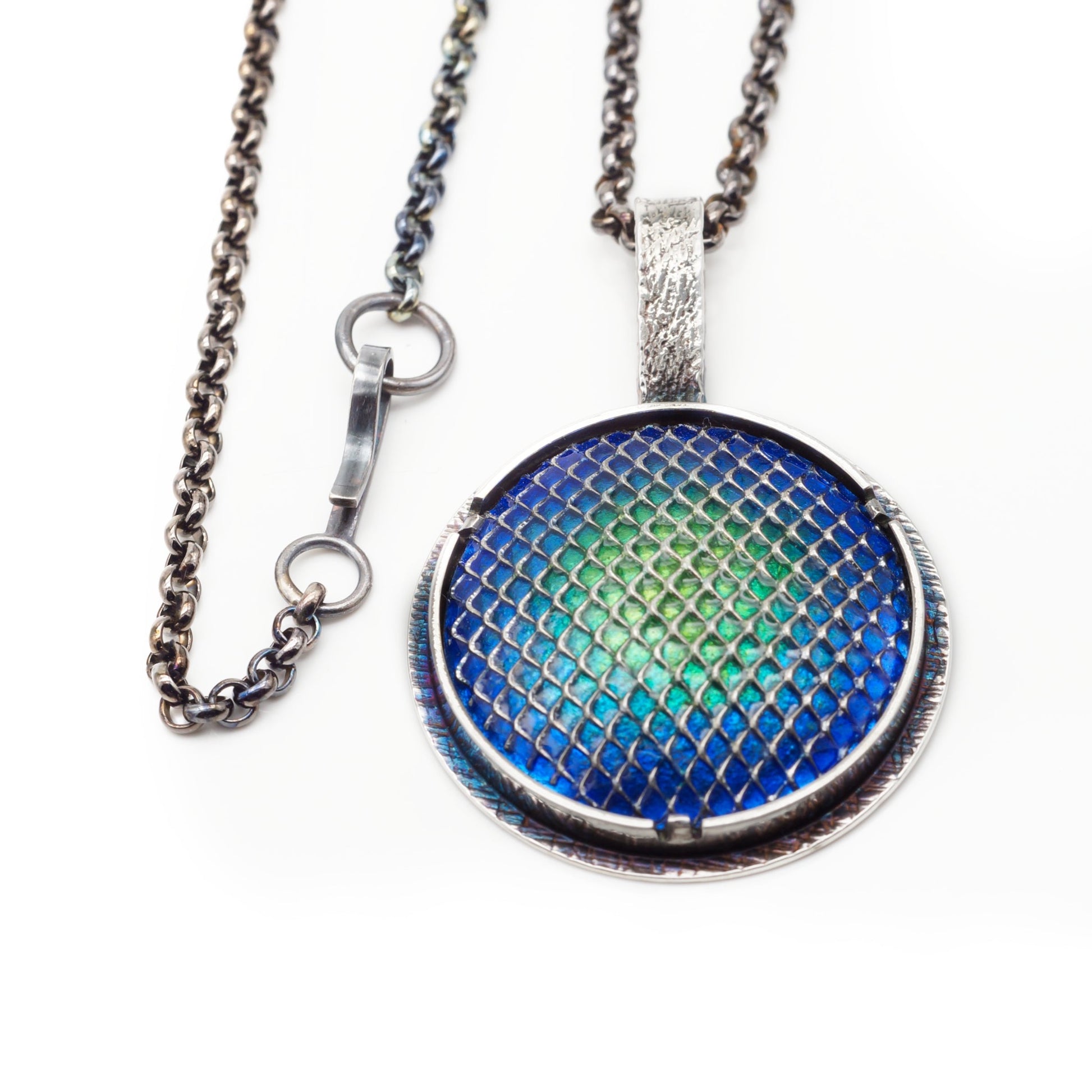 ombre blue and green fired enamel pendant with sterling silver abstract design