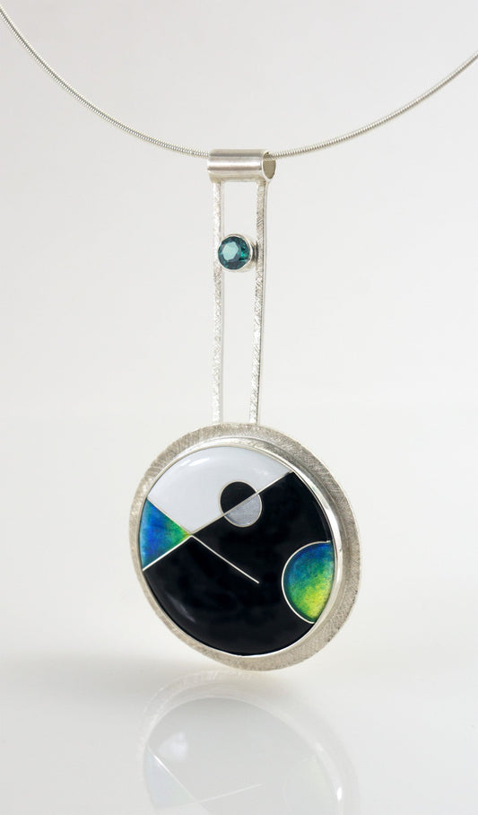 abstract silver cloisonne and topaz pendant to wear 3 ways