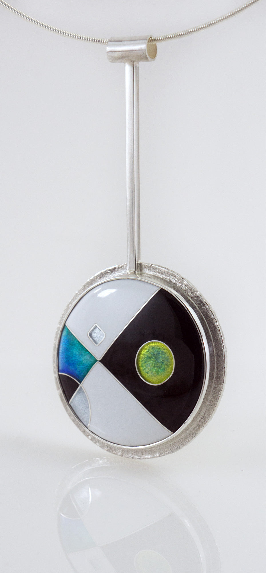 big and bold silver cloisonne pendant black white and turquoise