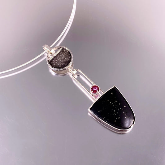 sterling silver necklace with black obsidian with pyrite and pink topaz