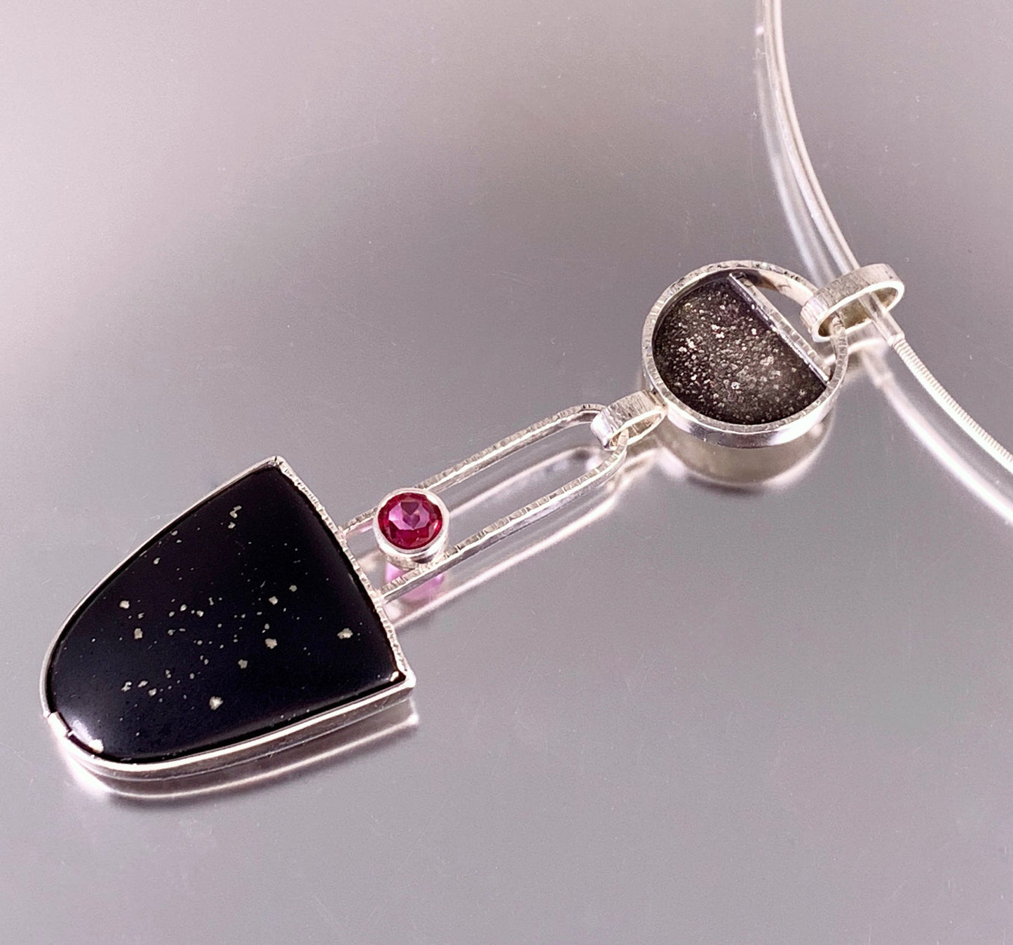 sterling silver necklace with black obsidian with pyrite and pink topaz