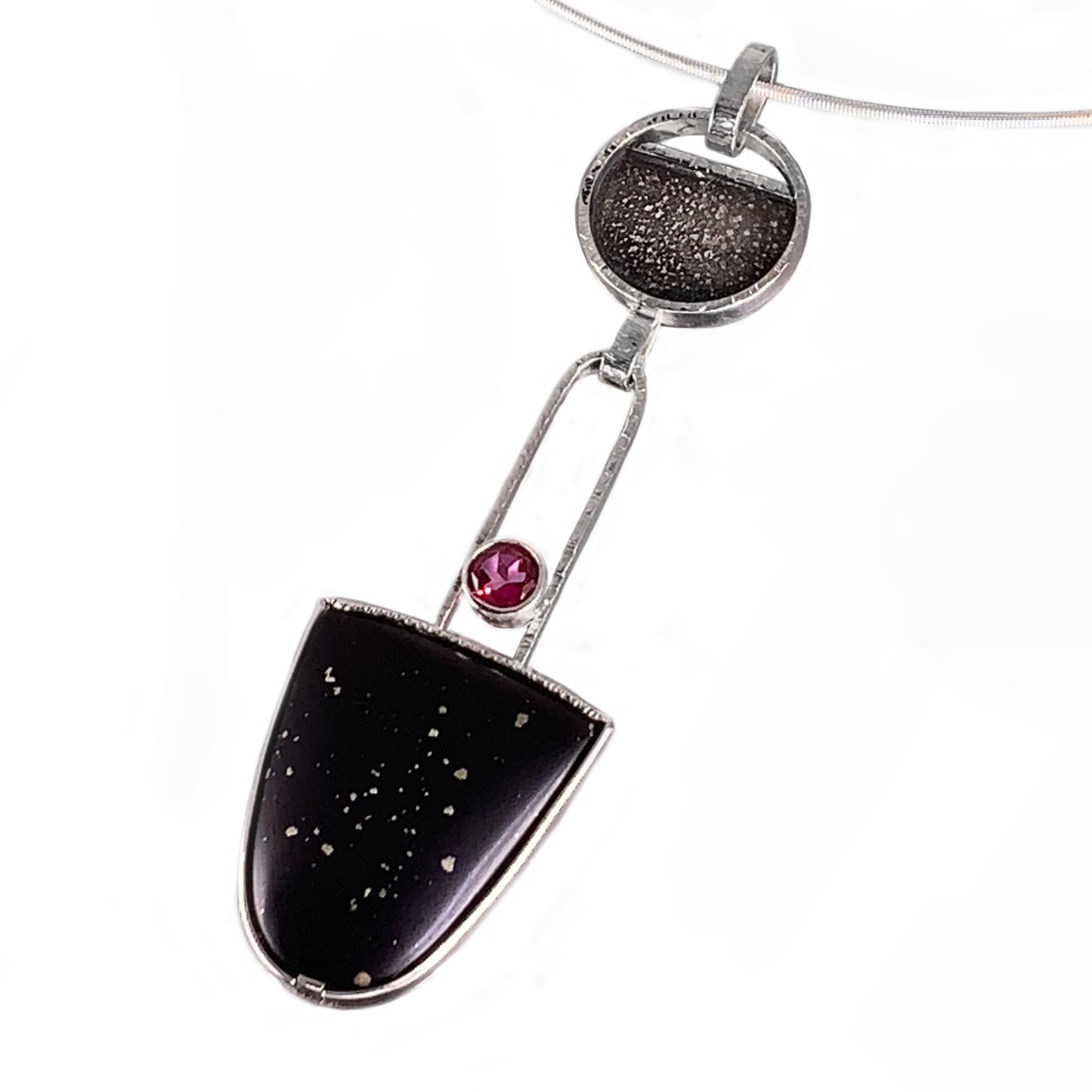 pink topaz and black obsidian with pyrite gems set into textural oxidized sterling silver necklace