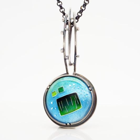 silver cloisonne enamel pendant with blue and green abstract design