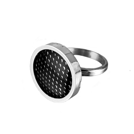 abstract patterned black and silver vitreous enamel ring