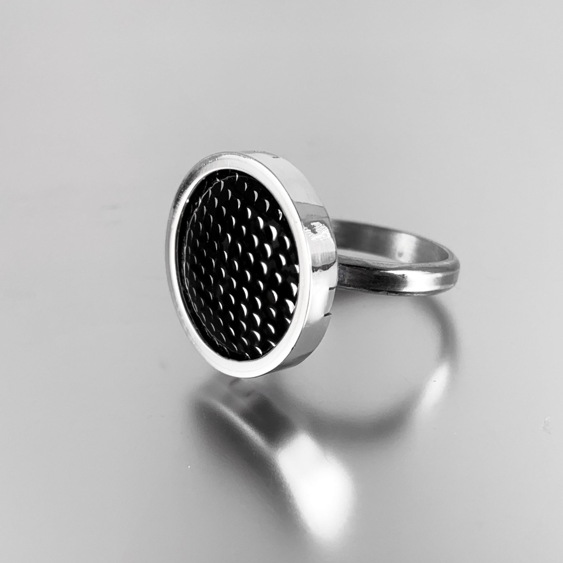black enamel and silver abstract design ring