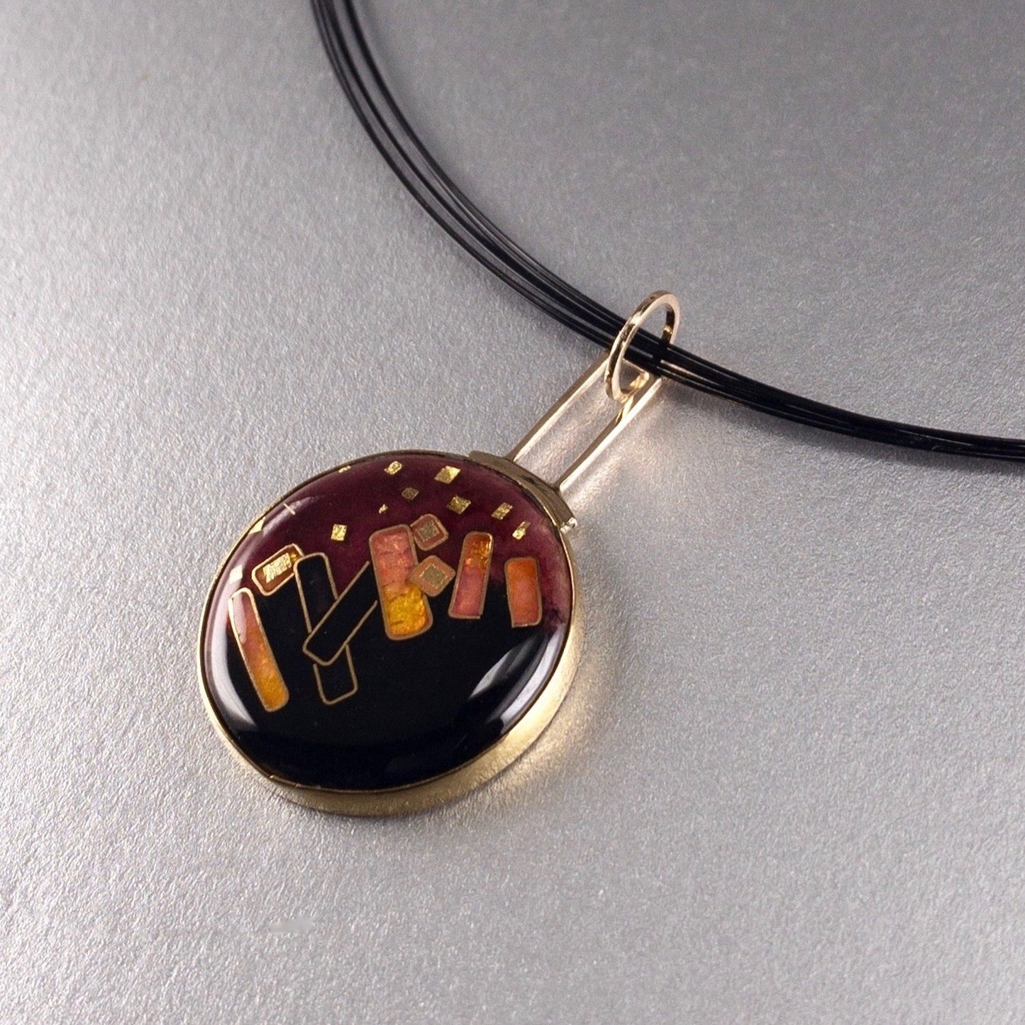 24k gold cloisonne enamel abstract pendant with 14k gold bale