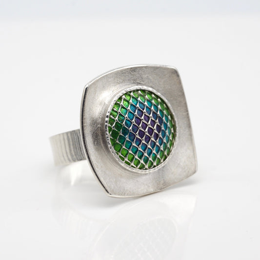 modernist silver ring with kiln fired enamel