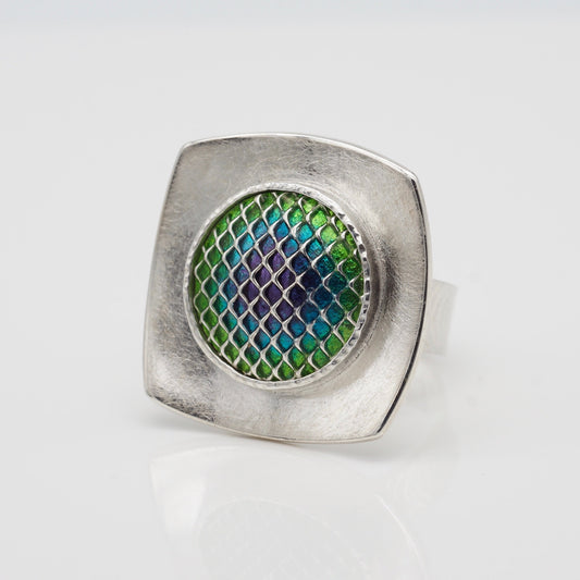 mid century style vitreous enamel sterling silver ring with ombre purple blue and green