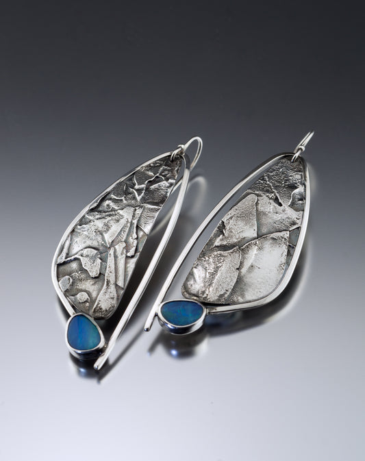 modernist textured sterling silver and opal drop earrings 