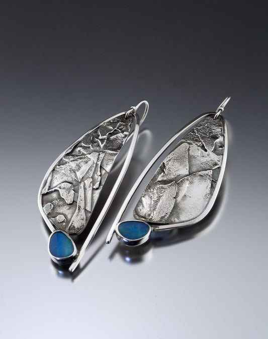 modernist textured sterling silver and opal drop earrings