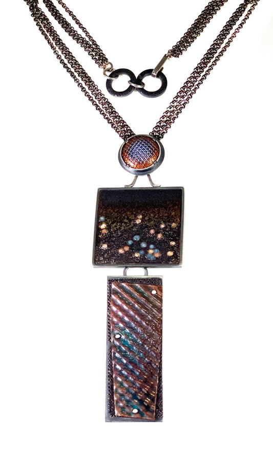 three part statement necklace with vitreus enamels set into oxidized sterling silver