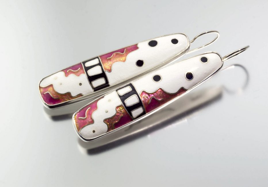 long sterling silver earrings with silver cloisonne enamel in black, white and pink