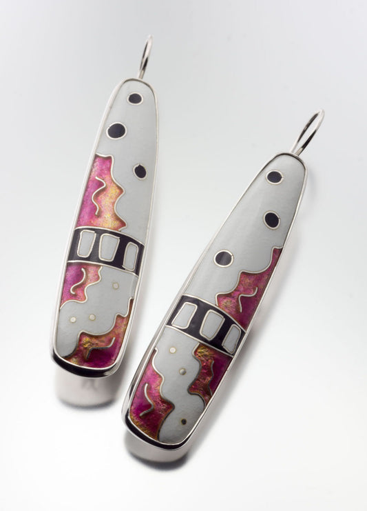 silver and pink cloisonné enamel earrings