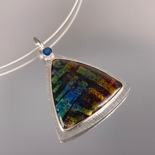 organic vitreous enamel and blue topaz in sterling silver pendant