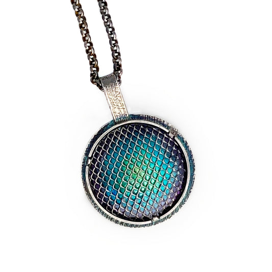 one-of-a-kind ombre kiln fired enamel and sterling silver pendant with patina and textural bail