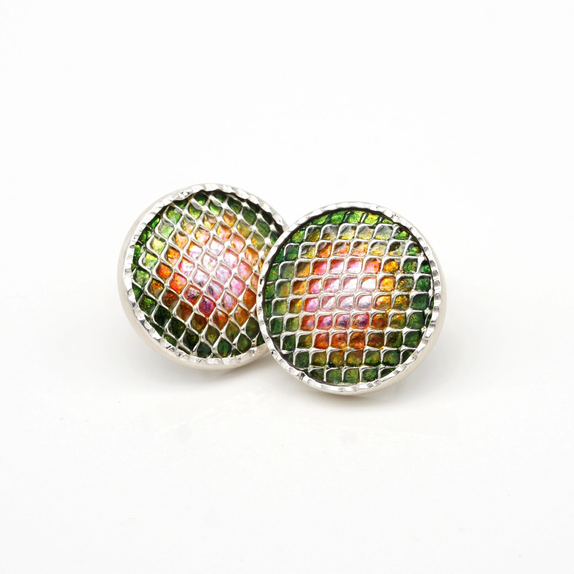 kiln fired enamel earrings in pink to green watermelon colors and silver gridwork in sterling silver bezels