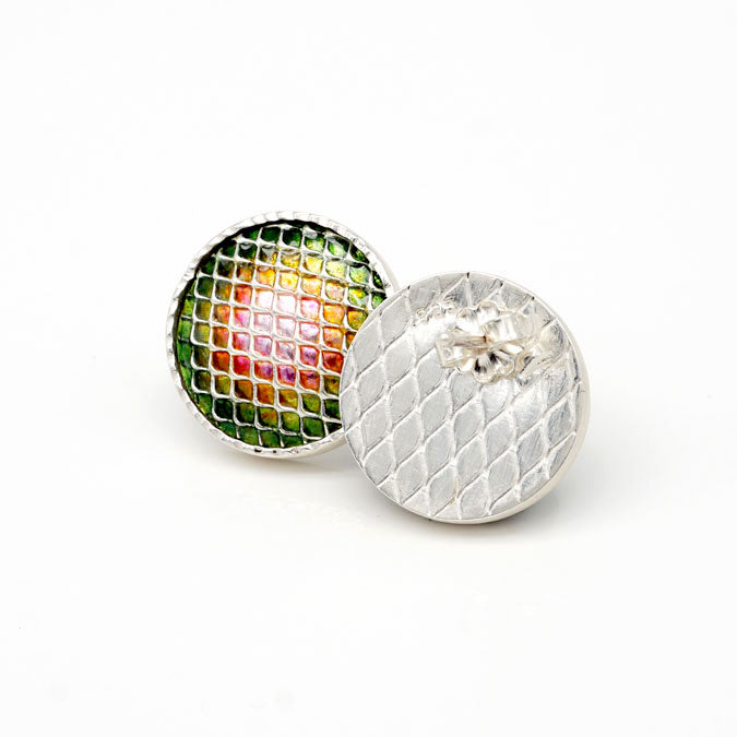 kiln fired enamel earrings in pink to green watermelon colors and silver gridwork in sterling silver bezels  Edit alt text